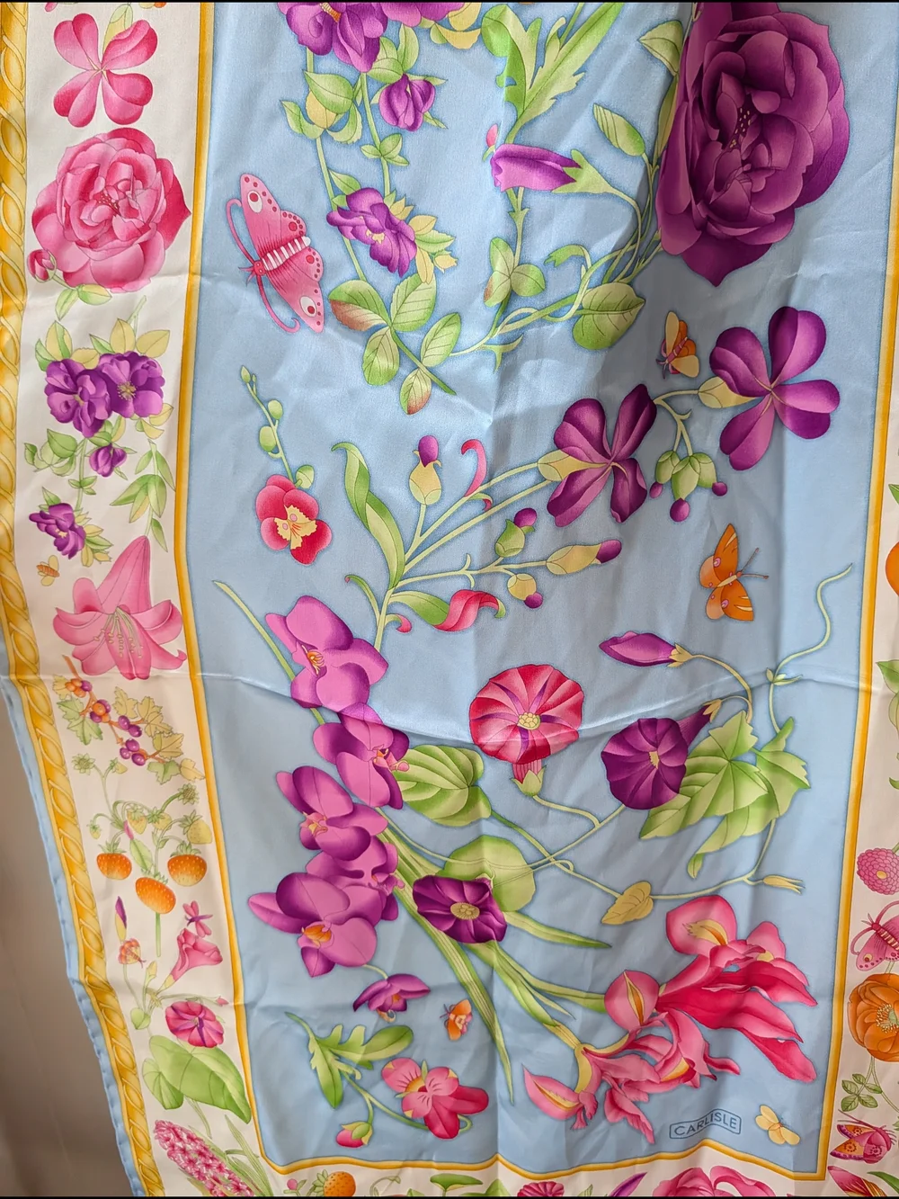 Carlisle Blue Floral Silk Scarf with Pink, Purple, Green & Yellow Accents